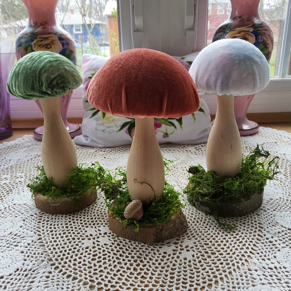 Handcrafted By Local Artist In Buffalo NY, Mushrooms Set Of 3 Made Of Fabric And
